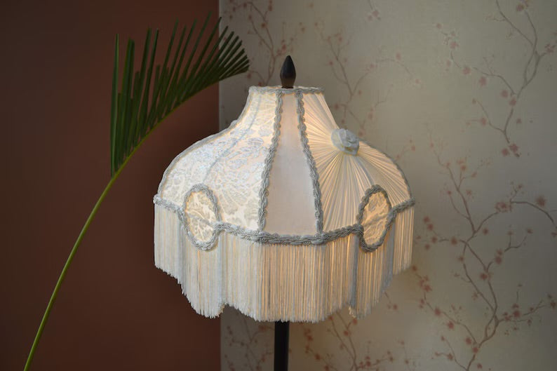 Ivory White Silk Vintage Fringe Lampshade