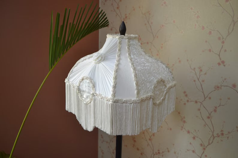 Ivory White Silk Vintage Fringe Lampshade