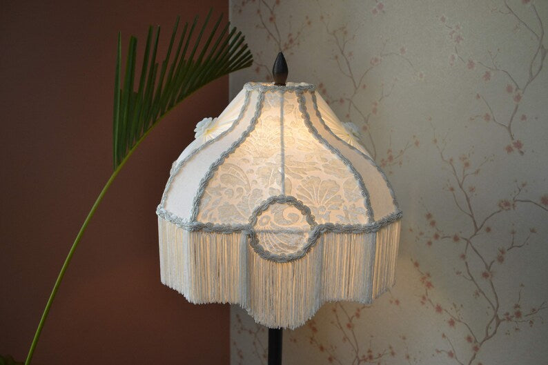 Ivory White Silk Vintage Fringe Lampshade